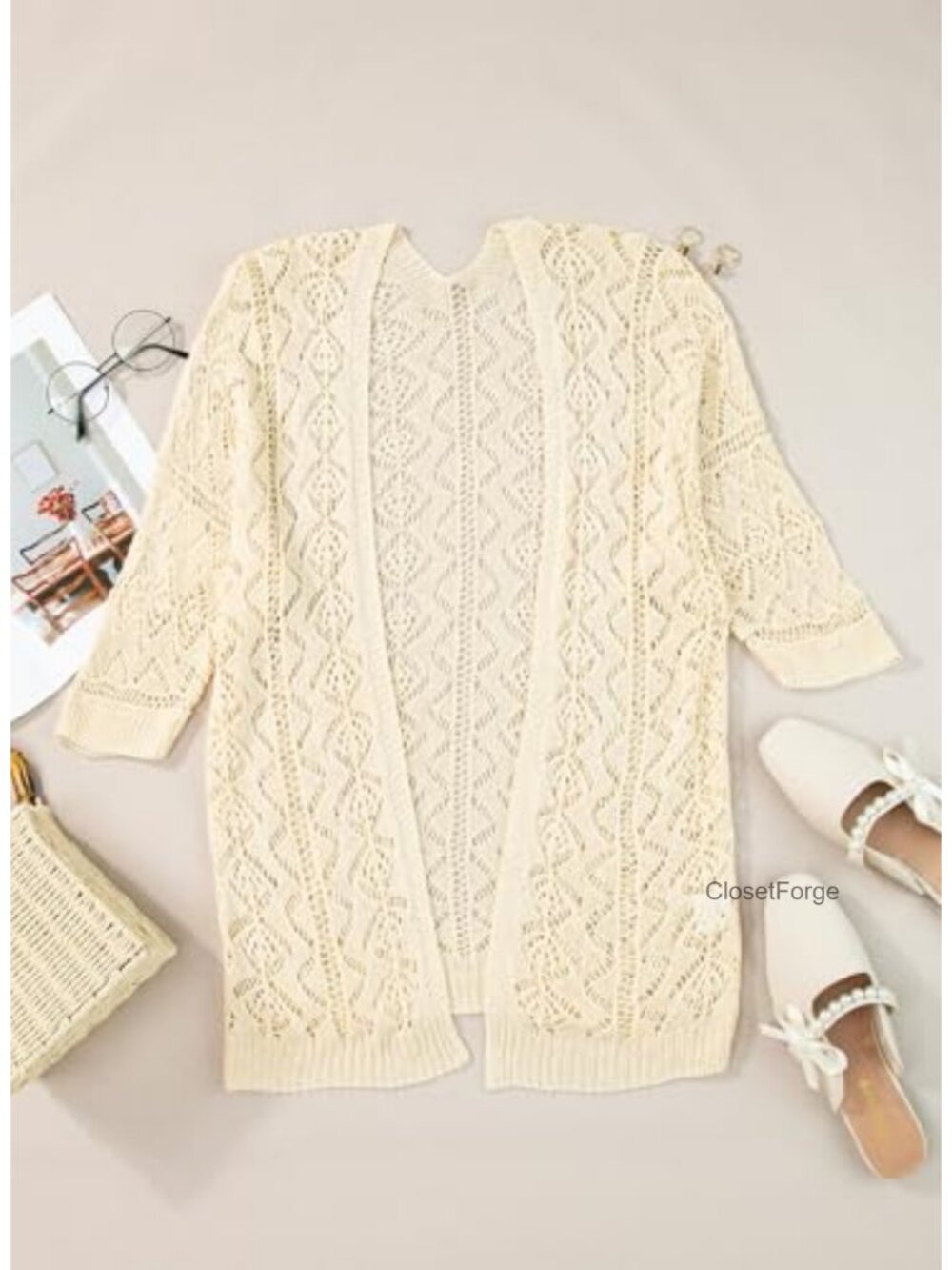 Women's Crochet Open Front Cardigan - Lightweight 3/4 Sleeve Cover Up - Picture 3 of 6